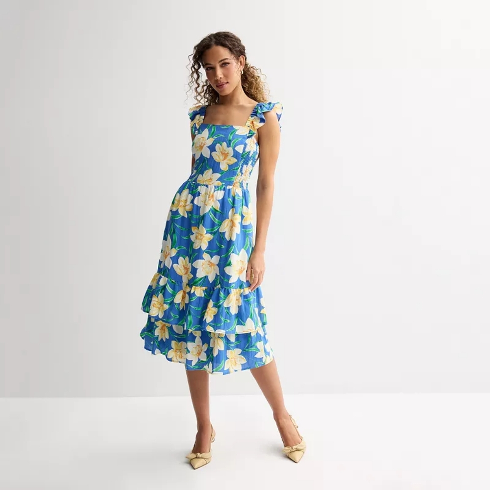 {Draper James} Floral Flutter Sleeve Midi Dress